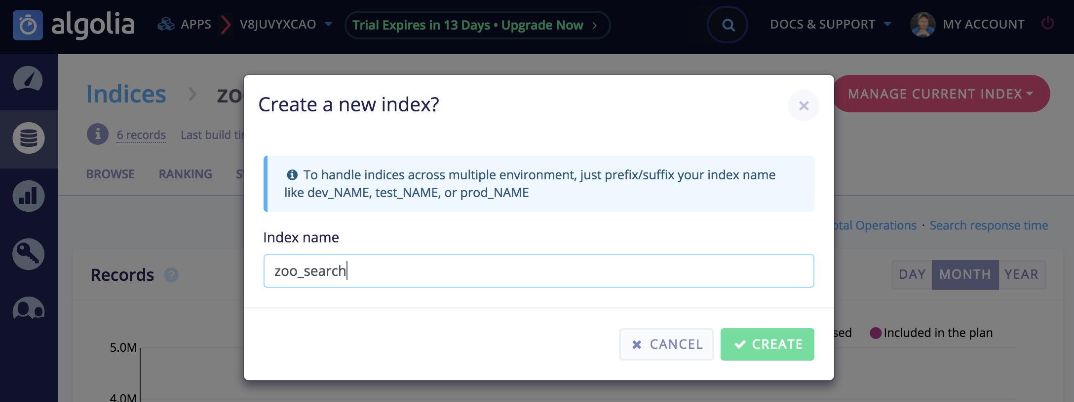 Create an index on the Algolia dashboard