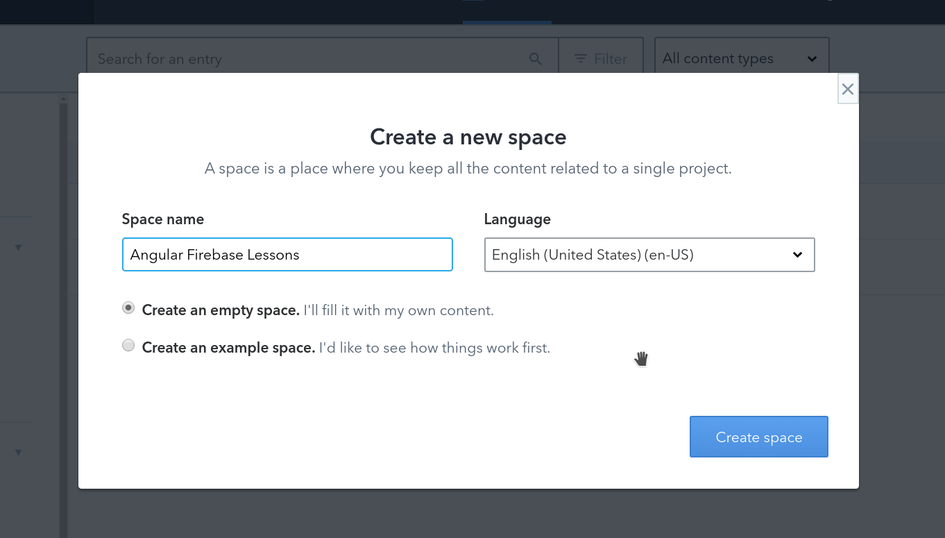 Create a content space on contentful
