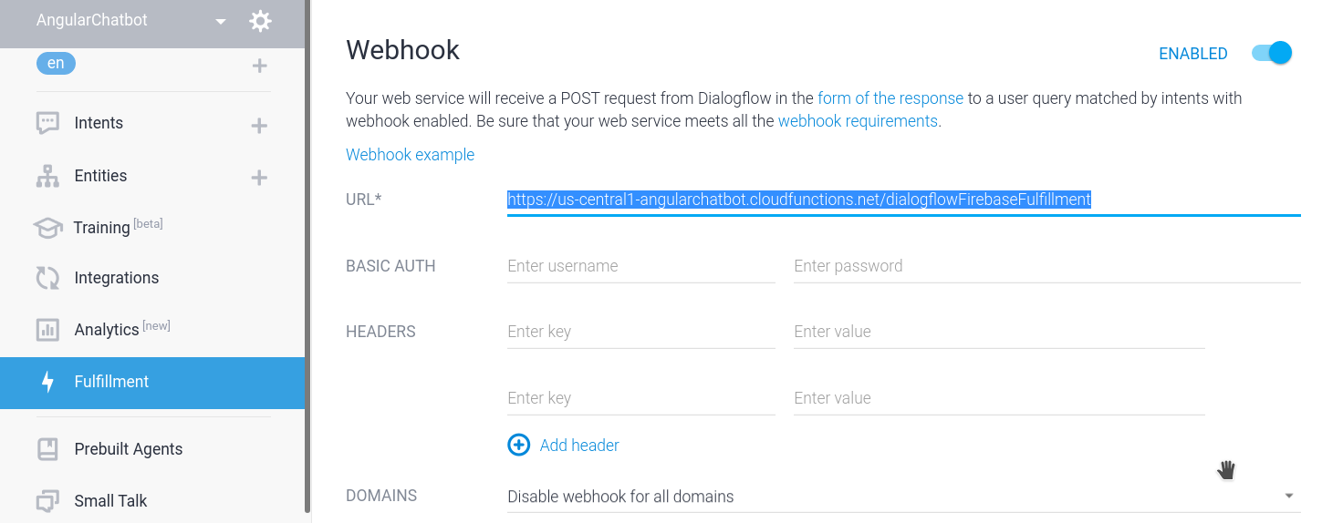 point the cloud function URL to the dialogflow webhook