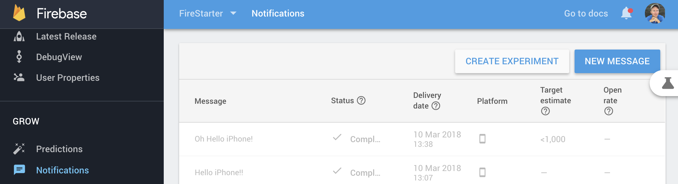 Send push notifications manually from the Firebase console