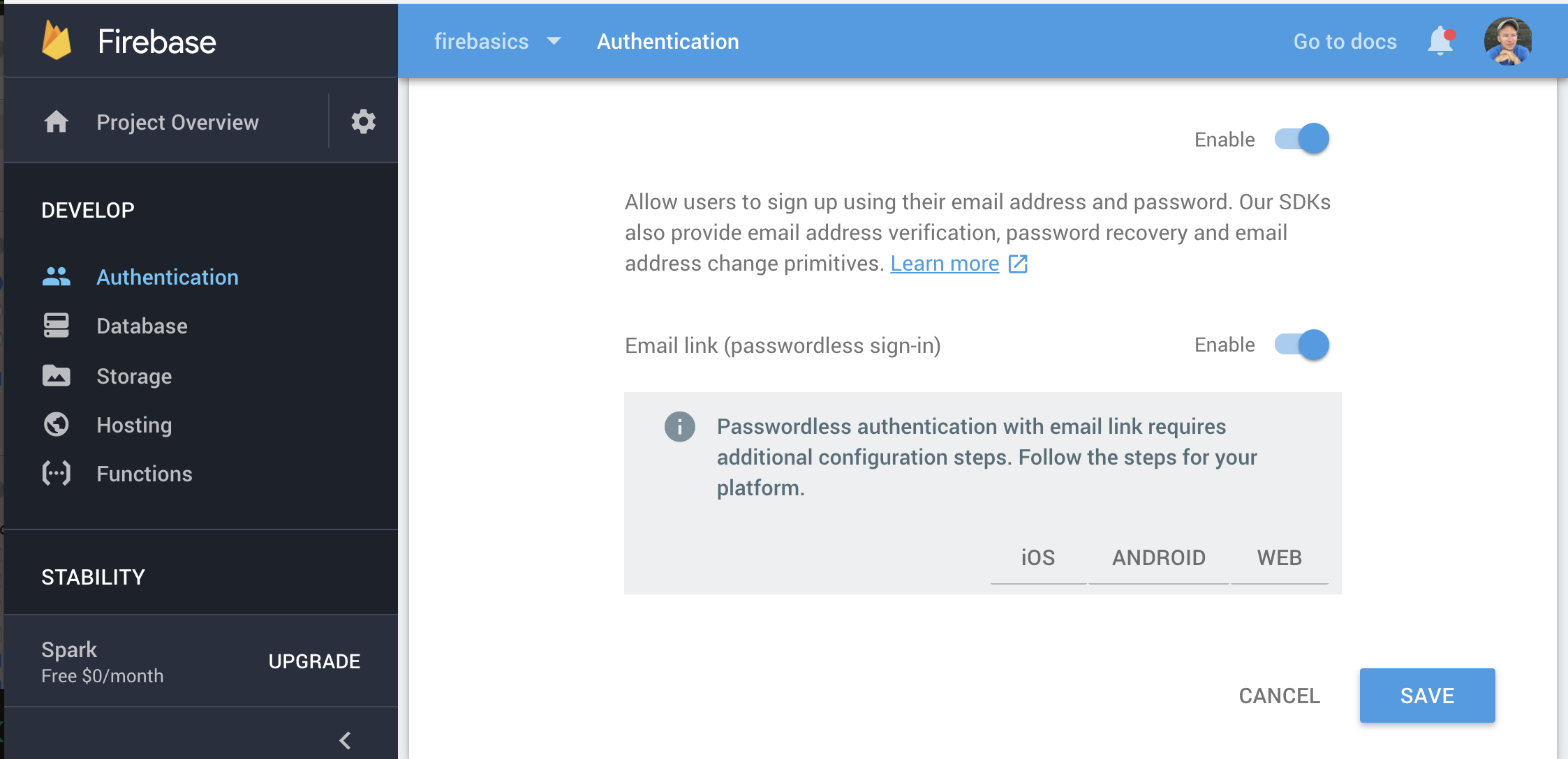 where to enable passwordless email link signin on the firebase console