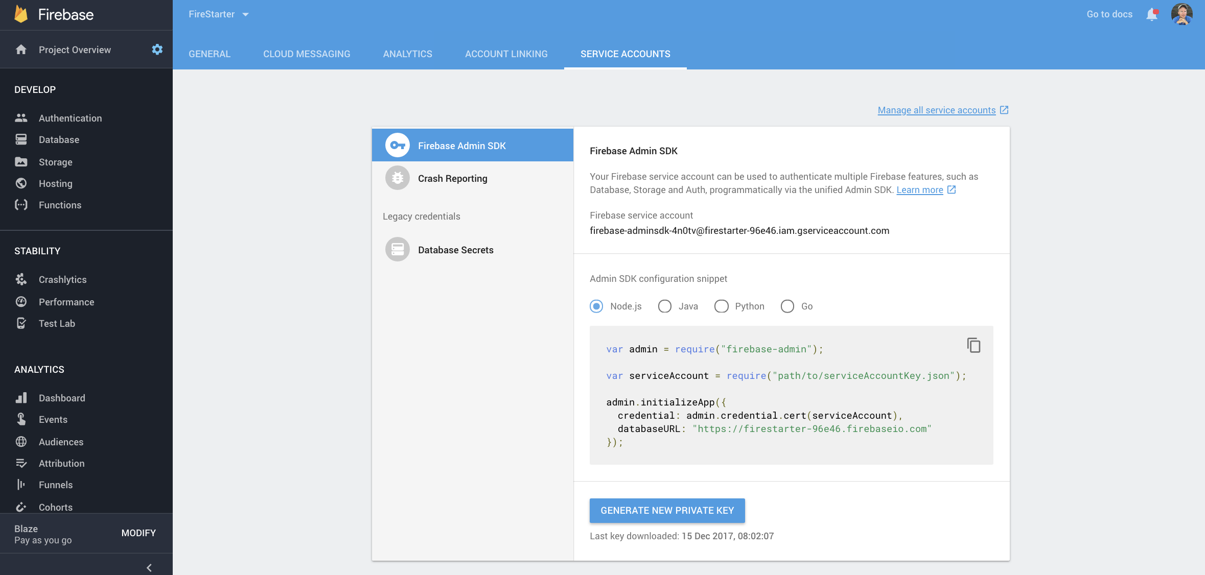 Grab your service account from the Firebase settings page