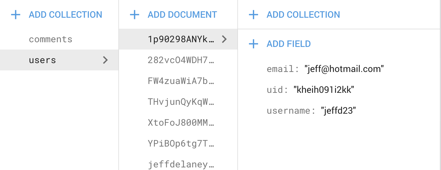 username data as it appears in Firestore