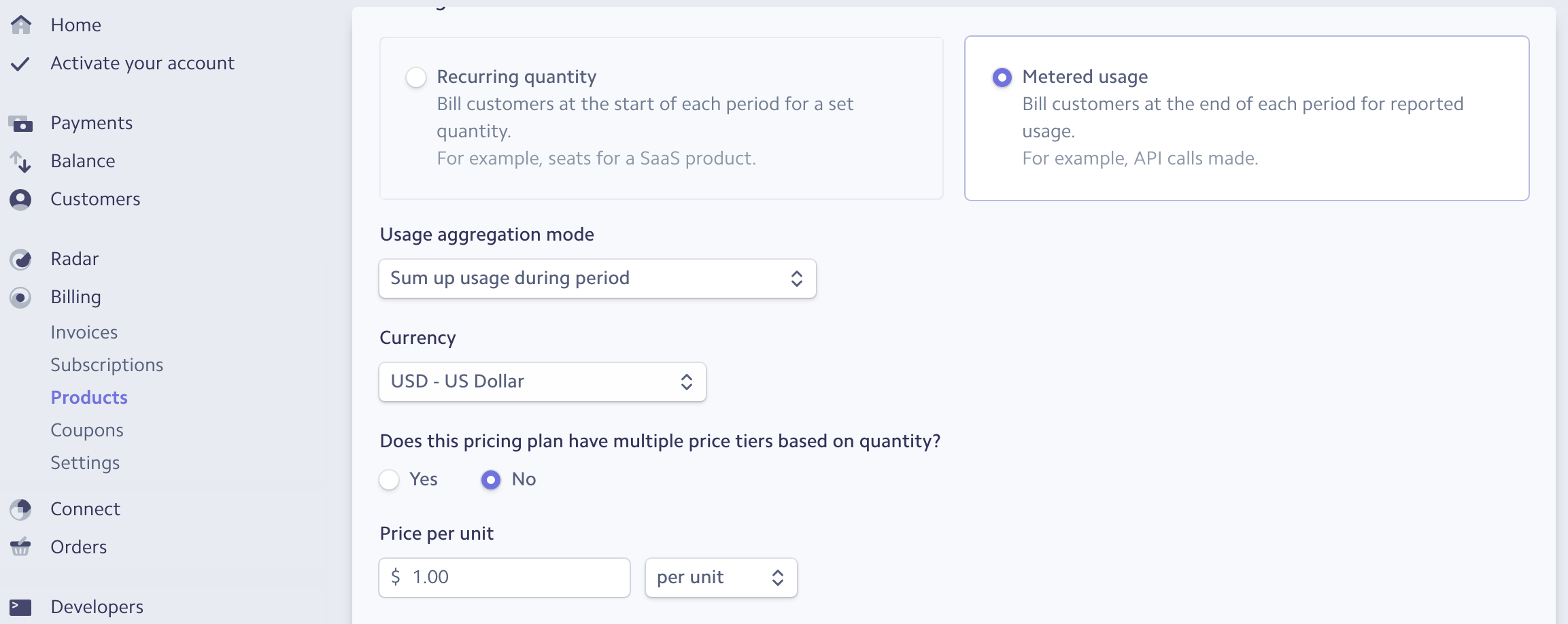 Create a metered plan for stripe billing