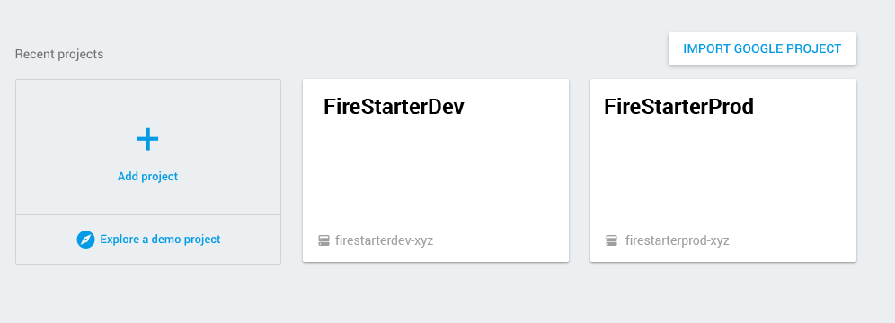 Your firebase console should look something like this. Two separate projects for development and production. 